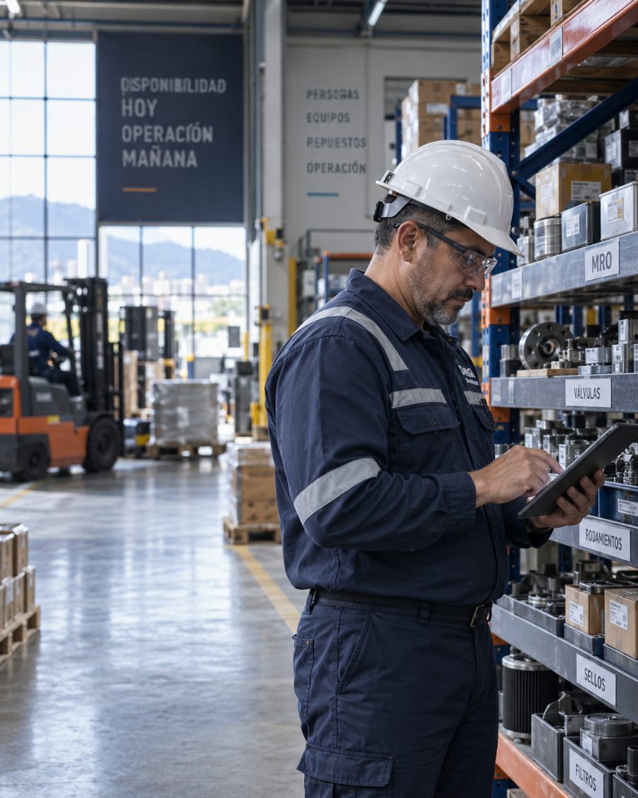 Jefe de mantenimiento revisando el rack de repuestos MRO en planta
